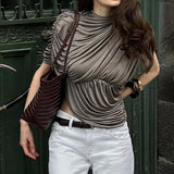 GETADME Newly Chic Ruched Sleeveless Asymmetrial Solid O Neck Elegant Evening Party T shirt Pullovers Summer Clothing Tops