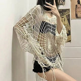 Getadme-Hollow Out Y2K Hooded Pullovers Women Goth Grunge Crochet Spider Web Tops Lady Sexy High Street Baggy Tassel Thin Clothes