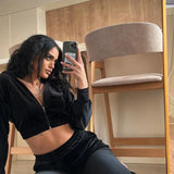 GETADME 투피스 팬츠 세트 여성 후드 지퍼 두꺼운 짧은 스웨트셔츠 코트 포켓 긴팔 크랩 탑 신축성 허리 팬츠 정장