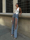 GETADME 2025 Designer Women's Jeans Pant Blue Denim With Sheer Mesh Knee Panels Hip Hop Style Distressed High Waist Streetwear Trousers