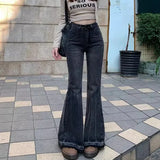 GETADME Woman High Waist Vintage Casual Flare Jeans Girls Elastic Slim Fit Bell Bottom Pants Lady Fashion Blue Black Grey Denim Trousers