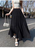 GETADME Women Spring and Summer Trend High Waist Pleated Long Skirt Casual Elegant Solid A-line Big Swing Skirt Girl half fairy skirt
