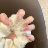 GETADME Handmade Press on Nails Blue Aurora Mermaid Fake Nail Patches Wearable Detachable French Pearl Almond False Nail Tips 10pcs