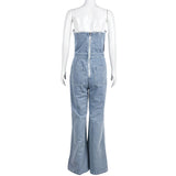 GETADME Casual Denim Jumpsuit Summer Women 2025 Strapless V Neck Zip Up Hole Street Trend Wide Leg Pants Club Romper With Pockets