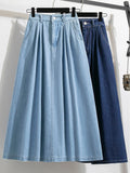 New 2023 Autumn Plus Size Denim Skirt Women High Elastic Waist Blue Or Sky Blue Color Korean Fashion A Line Midi Jeans Skirts