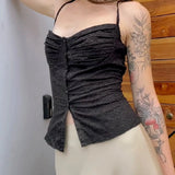 Getadme-hirigin Women Floral Hollow Crop Tops y2k Fairycore Grunge Spaghetti Strap Sleeveless Button Camisole Kawaii Tank Streetwear