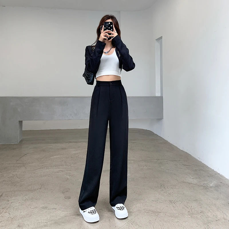 Pantalon tailleur GETADME pour femme, taille haute, longueur au sol, blanc, coupe ample, jambes larges, idéal pour l'automne et l'hiver. Pantalon droit long pour femme, parfait pour le bureau.