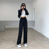 Pantalon tailleur GETADME pour femme, taille haute, longueur au sol, blanc, coupe ample, jambes larges, idéal pour l'automne et l'hiver. Pantalon droit long pour femme, parfait pour le bureau.