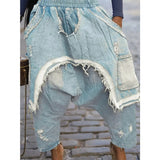 GETADME Women Jeans Harem Pants Hip Hop Punk Denim Pant Hole Elastic Waist Washed Distressed Pockets Streetwear 2025 Ripped Trousers