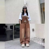 GETADME Retro American Brown Embroidered Bib Overalls Women Loose Straight Leg Jeans Slimming One-Piece Pants High Waist Denim