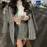 GETADME Spring Autumn 2025 New Houndstooth Suit Women's Fashion Loose Double-Breasted Cotton Woolen Coat+High Waist Skirt Two-Piece Suit