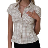 GETADME Women Summer Kawaii Solid Shirring Button Up Turn Down Collar Short Sleeve White Shirts Ladies Office Casual Summer Clothes
