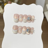 GETADME 10Pcs Sweet Mid-length Ballet False Nails Art Fashion Pink Cat Eye Lovely Bow Wearable Finished Nails Set Summer Acrylic Nails
