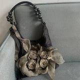 GETADME Chinese Style Rose Decor Shoulder Bags Fashion Commuter Tote Bags Classic Pleated Handbags High Quality Women Underarm Bags