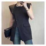 GETADME French 2025 Black Suit Vest Summer Hot Style Young Commuter Design Split Sleeveless Top  roupas femininas