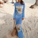 GETADME Fashion Transparent Mesh Floral Printing Women's Sheer Slim Chic Backless Lace Up Long Sleeve Beach Holiday Cover Up Dresses