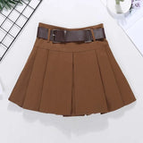 GETADME Brown Belted Mini Skirt Low Waisted Pleated Skirt with Belt Women Academia Aesthetic Vintage Outfit
