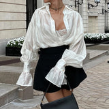 GETADME Casual Loose See-Through Shirts Women's Autumn Lapel Long Sleeve Patchwork Blouse Top Streetwear Female Solid Shirts Top