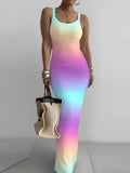 GETADME Dresses For Women 2025 Sexy Spaghetti Strap Color Printed Long Dress Evening Y2k Sleeveless Solid Skinny Bodycon Maxi Vestidos
