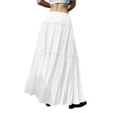 GETADME Women's Flowy Skirts Fashion Flared Ruffle Hem A Line Maxi Skirts Elastic Waist Elegant Tiered Layer Simple Solid Long Skirts