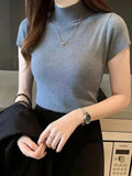 GETADME Women's Half-High Neck T-Shirt Fashion Jumper Casual Tops Korean Style Elegant Solid-Coloured Clothing Spring And Summer Season