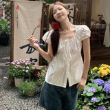 GETADME Short Sleeve White Camisas Korean Bandage Chemises Femme Tops Slim Waist Elegant Chic Shirts Women Y2k Lace-up Bow