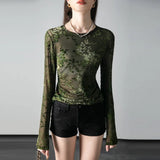 GETADME Autumn Round Neck Long Sleeve T-shirt Women's Fashion Slim Fit Fashion Trend See Throught T Shirts Flocking Flowers Tees