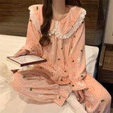 GETADME 만화 잠옷 세트 여성 잠옷 따뜻한 플란넬 잠옷 여자용 피자마 세트 정장 바지 홈 한국 복숭아색 잠옷 레이스 잠옷