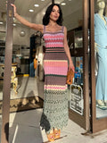 GETADME Striped Knitted Halter Dress Slimming Waist Cinching Color Patchwork Sexy Suspender Robes Beach Women Fashion Strap Long Dresses