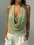 GETADME Women's Summer Vacation Sexy Semi-transparent Drop-Neck Metallic Decorated Backless Vest, Off-Shoulder Top