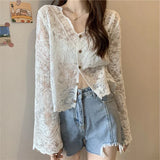 GETADME Vintage Summer Lace Blouses Women See Through Sheer Long Sleeve Sun Shirts Korean Style Casual Sun Protection Sexy Ladies Tops