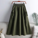 GETADME 2025 Summer New Versatile Solid Color Medium-Length Drawstring Pocket Skirt Women's Fashionable Workwear Half-Length Skirt