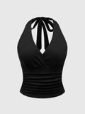 GETADME 26Solid V-neck Backless Halter Crop Top for Women Summer Sexy Y2K Sleeveless Ruched Top Streetwear