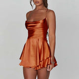 GETADME Satin Silk Women Sexy Cami Playsuits Dress Solid Cowl Neck Sleeveless Short Jumpsuits Summer Cross Tie-Up Backless Romper