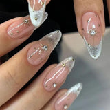 GETADME 24Pcs Metallic Cat Eye French Sheer Manicure Tip Art Textured 3D Acrylic False Nails Nude Pink Almond Medium Press on Fake Nails