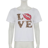 GETADME Harajuku Leopard Letter Print T Shirt Loose White Short Sleeve V Neck T-shirts Women Summer Streetwear Tees y2k Aesthetic
