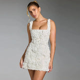 GETADME Fashion 3D Flower Mini Dress Women Sexy Slim Hip Package Female Party Dresses 2025 Vacation Beach Club Strap Rose Lady Robe
