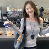 GETADME 섹시 풀오버 여성 오프숄더 크롭 니트 기본 의류 가을 올매치 사이드 슬릿 심플 부드럽고 슬림하고 매혹적