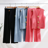 GETADME Vest Set Gold Botton OL Style 2025 New V Neck Set 2 Pieces Sweater Set For Summer Baggy Wide Leg Long Pants