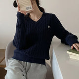 Getadme-Women's Twist Pullover Knitted Sweater Solid Casual Jumper Fall Winter Vintage Embroidered V-Neck Long Sleeve Top