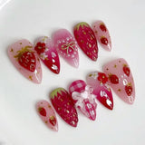 GETADME 24pcs Ins 3D Bowknots Press On Nails Sweet Strawberry Pink Plaid Almond False Nails With Heart Shape Pearl Decor Fake Nail Tips