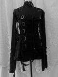 GETADME Punk Goth Bondage Strap Buckle Jacket Women Zip‑Up Flare Long Sleeve Top Dark Aesthetic Y2K StreetwearAdjustable StrapOuterwear