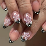 GETADME 24Pcs 3D Strawberry Rabbit Flower Fake Nails Press on Mid-length Almond Wearable False Nails Green Gradient Pearl Manicure Tips