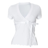 GETADME Lady Deep V Neck Solid Color Bowknot Sweet Girl's Summer Skinny Lace Up T shirts Short Sleeve Sexy Pullover Top 2025 Clubwear