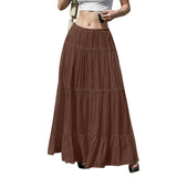 GETADME Women's Flowy Skirts Fashion Flared Ruffle Hem A Line Maxi Skirts Elastic Waist Elegant Tiered Layer Simple Solid Long Skirts