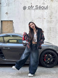 GETADME Stylish Chic Elegant Embroidered Patchwork Jeans Women Vintage Washed Draping Denim Straight Loose Fit Slimming Versatile Pants