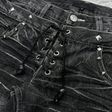 GETADME New retro double waisted lace up micro flared women pants streetwear Y2K washed high-quality design sense men and women jeans