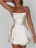 GETADME Satin Silk Women Sexy Cami Playsuits Dress Solid Cowl Neck Sleeveless Short Jumpsuits Summer Cross Tie-Up Backless Romper