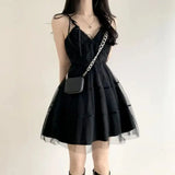 GETADME  Summer Y2k Black Mesh Women's Ball Gown Dresses 2025 New Sleeveless Strapless V-neck Party Sexy Mini Dress for Womens