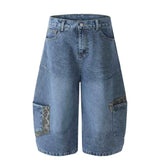 GETADME 여성용 Y2K 유럽 및 미국 힙합 레오파드 프린트 패치워크 청바지 대형 포켓 스트레이트 와이드 레그 루즈 크롭 팬츠